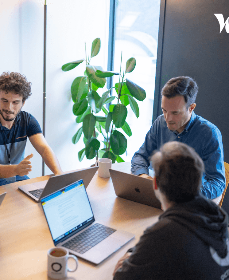 Office workspace with laptops and plant
